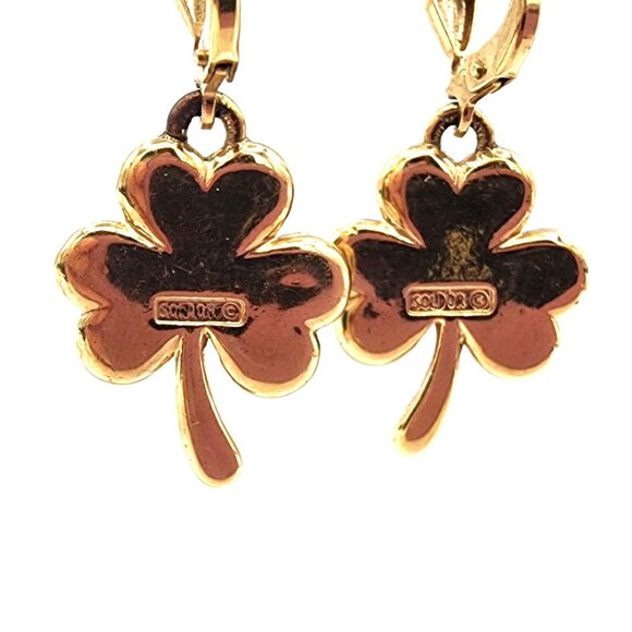 Vintage Gold Sol D'Or Clover Leverback Drop Earrings - Green & Clear Crystals - Picture 4 of 4